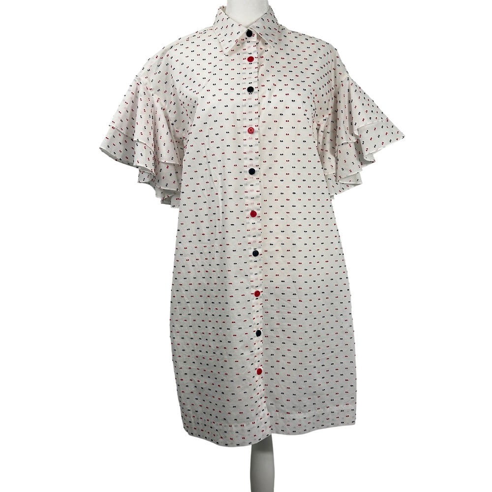 August Morgan Mini Shirt Dress Womens XS White Red Navy Ruffle Sleeve Cotton